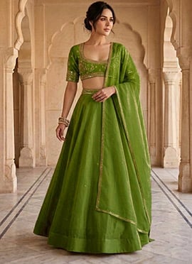 Green Organza Beads Stones Hand Embroidered Lehenga