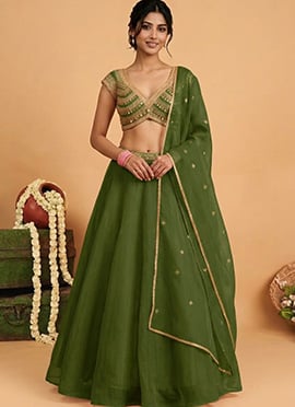 Green Organza Cutdana Sequins Hand Embroidered Lehenga