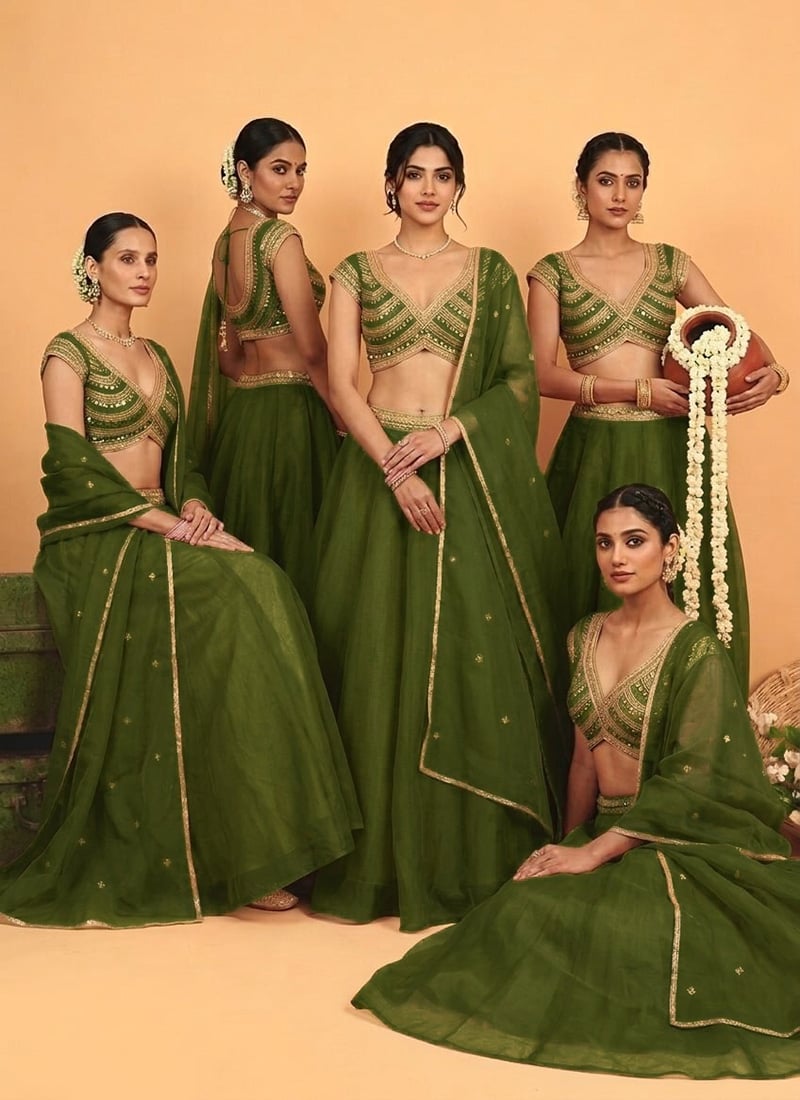 Green Organza Cutdana Sequins Hand Embroidered Lehenga Wedding Wear