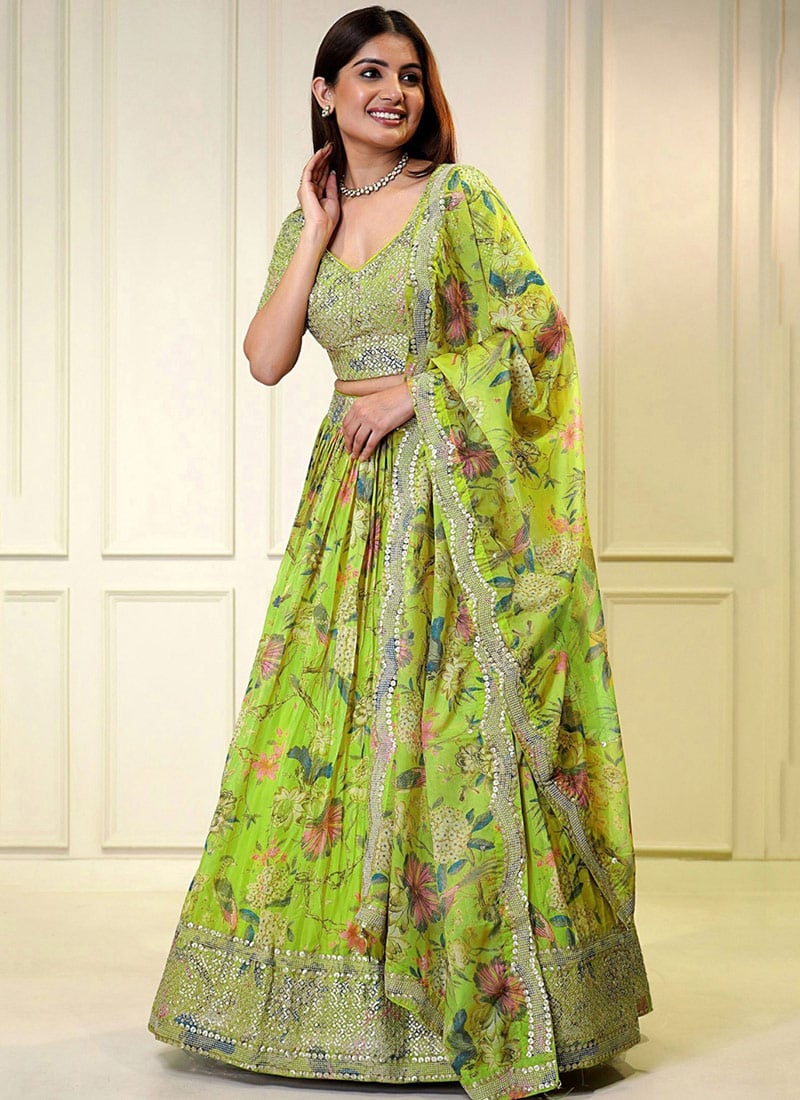Green Organza Digital Print Embroidered A Line Lehenga