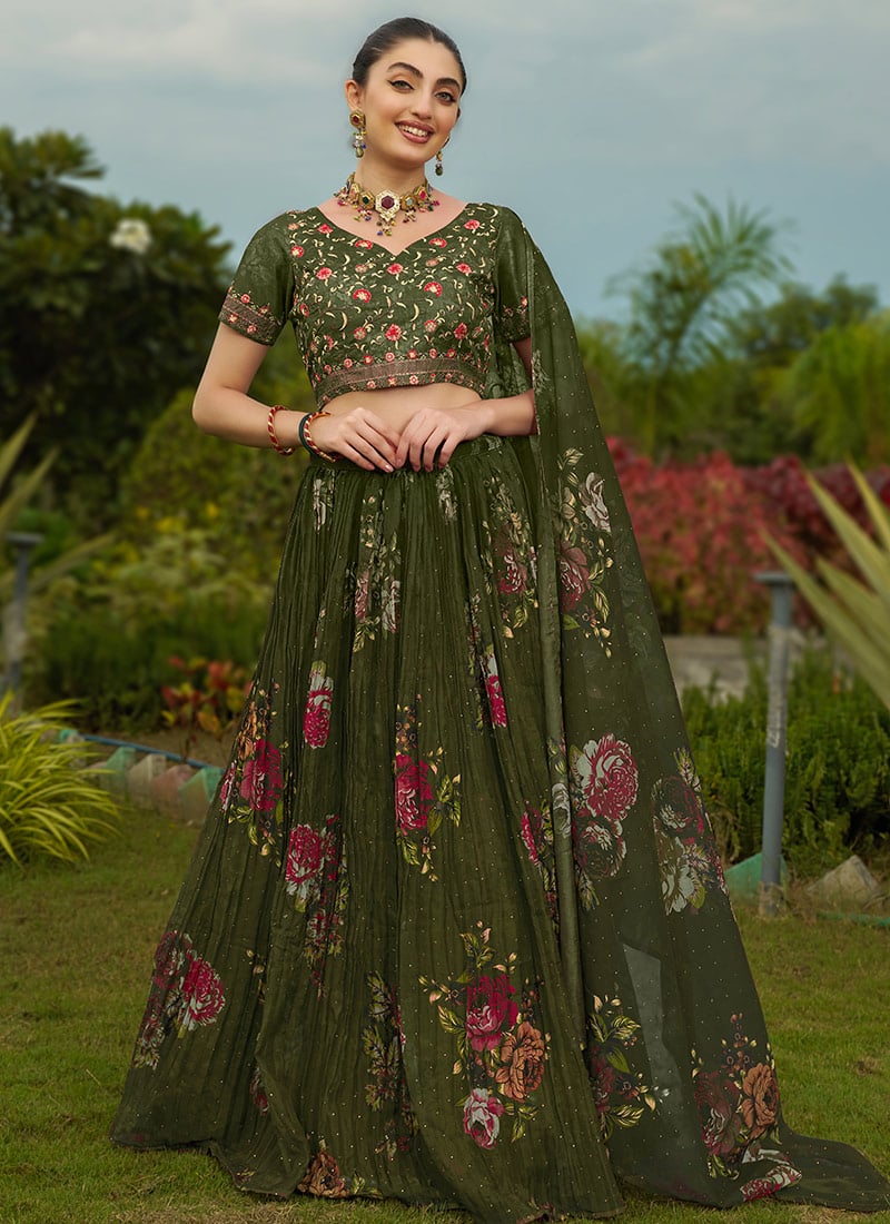 Green Organza Digital Print Embroidered Lehenga For Celebrations Wedding Wear