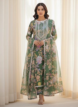 Green Organza Embroidered Digital Print Straight Pant Suit
