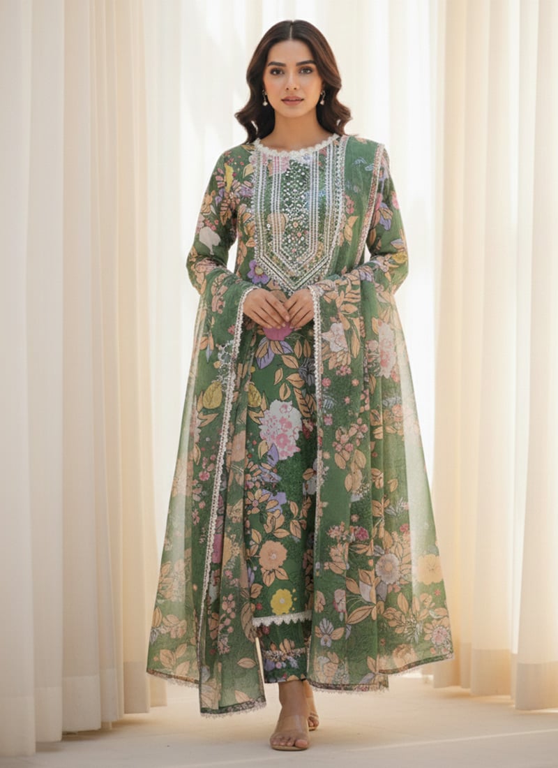 Green Organza Embroidered Digital Print Straight Pant Suit Festive Wear