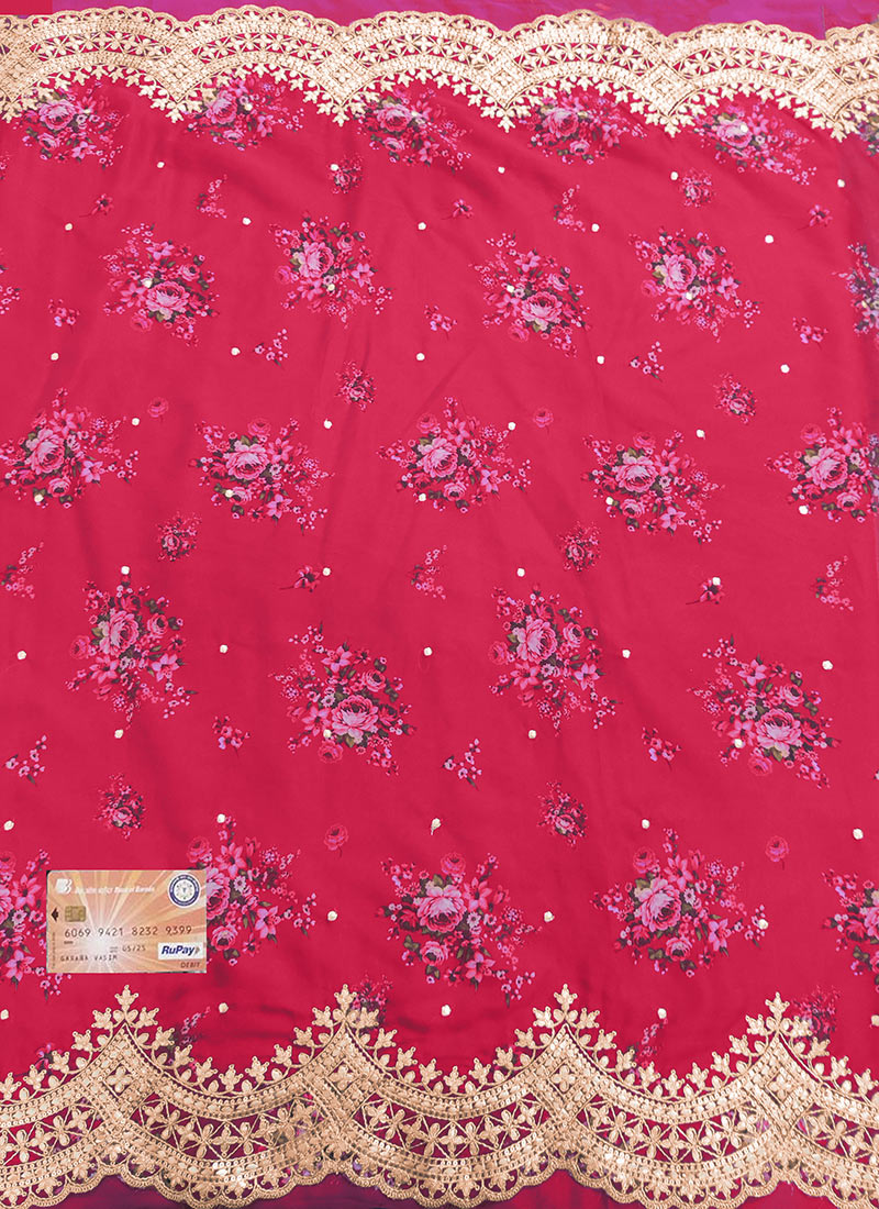 Rani Pink Organza Embroidered With Digital Print Fabric