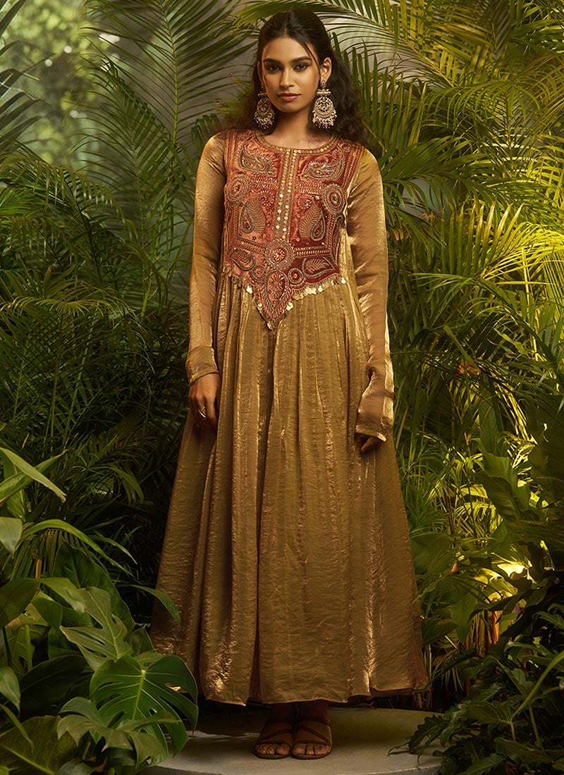 Green Organza Embroidered Patch Work Anarkali Gown After Six Wear