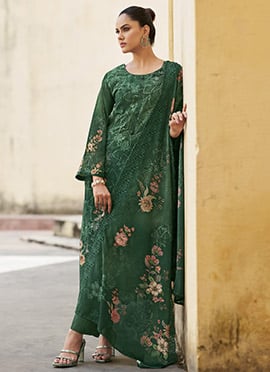 Green Organza Embroidered Sequins And Digital Print Straight Pant Suit