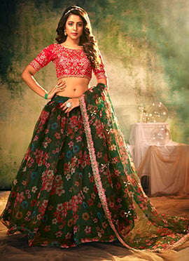 Green Organza Embroidered Sequins and Printed Work Umbrella Lehenga