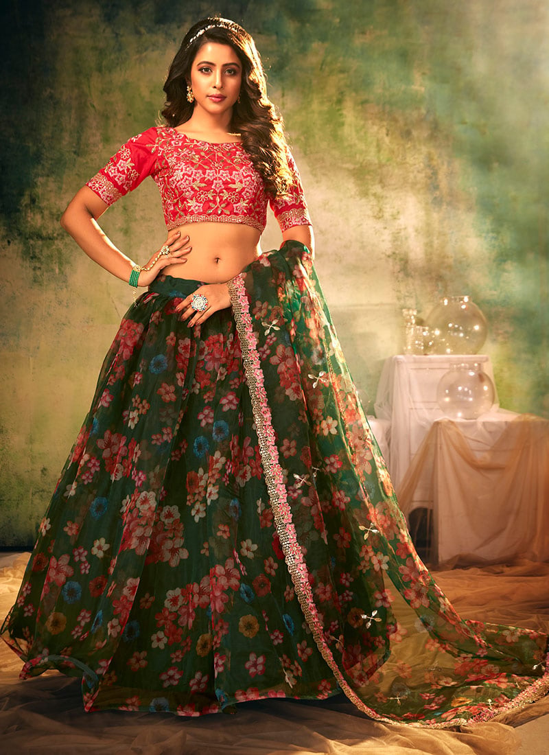 Green Organza Embroidered Sequins and Printed Work Umbrella Lehenga Festive Wear