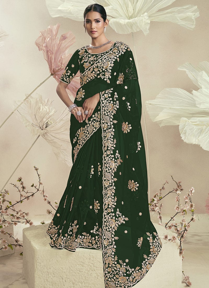 Green Organza Embroidered Sequins And Zari Saree Wedding Wear