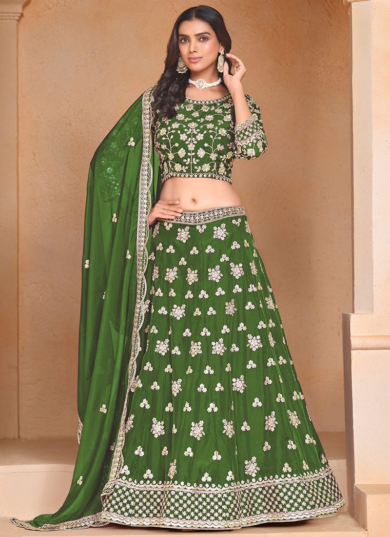 Green Organza Embroidered Sequins Elegant Lehenga Wedding Wear