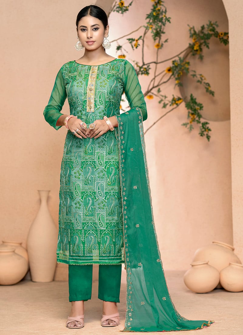Green Organza Embroidered Sequins Straight Pant Suit Festive Wear