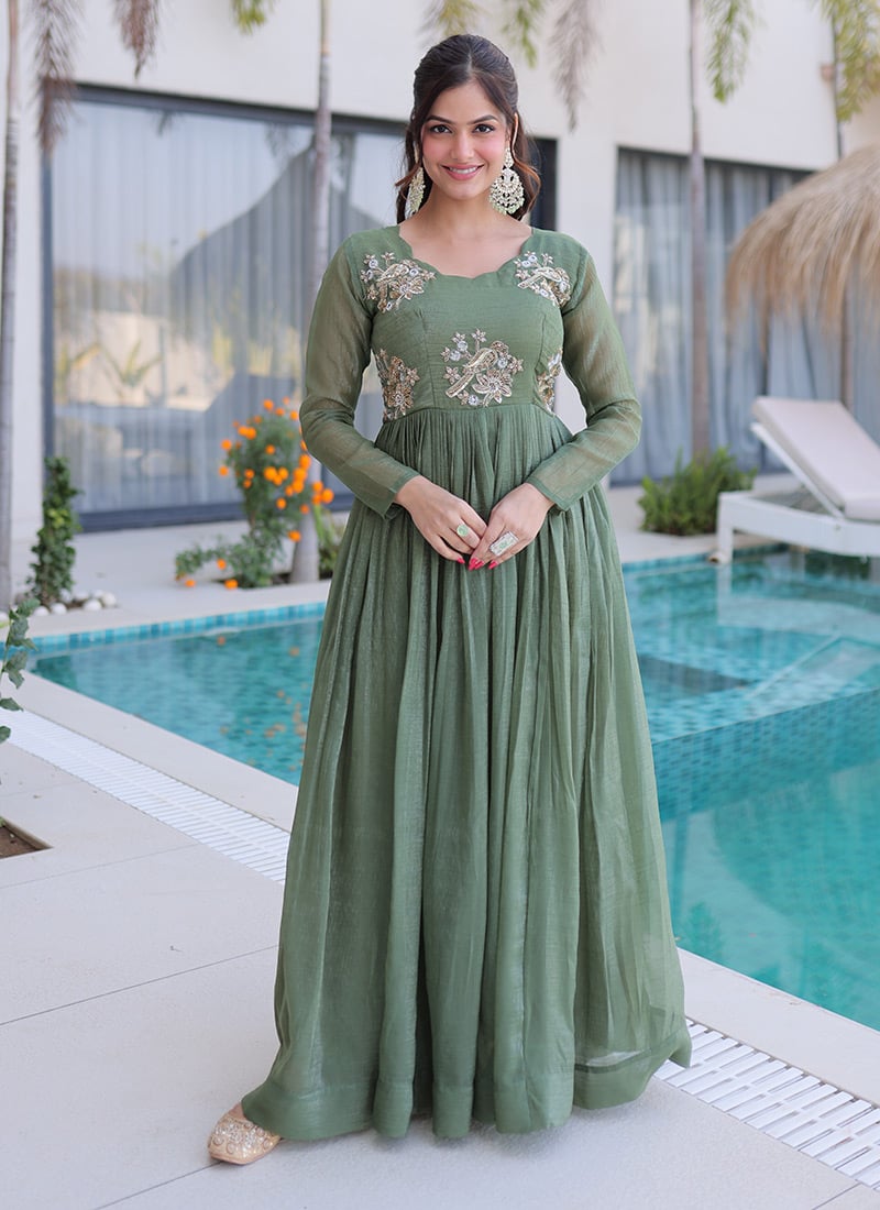 Green Organza Embroidered With Beads Work Gown After Six Wear