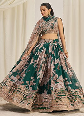 Green Organza Floral Digital Print Embroidered Sequins Ravishing Lehenga