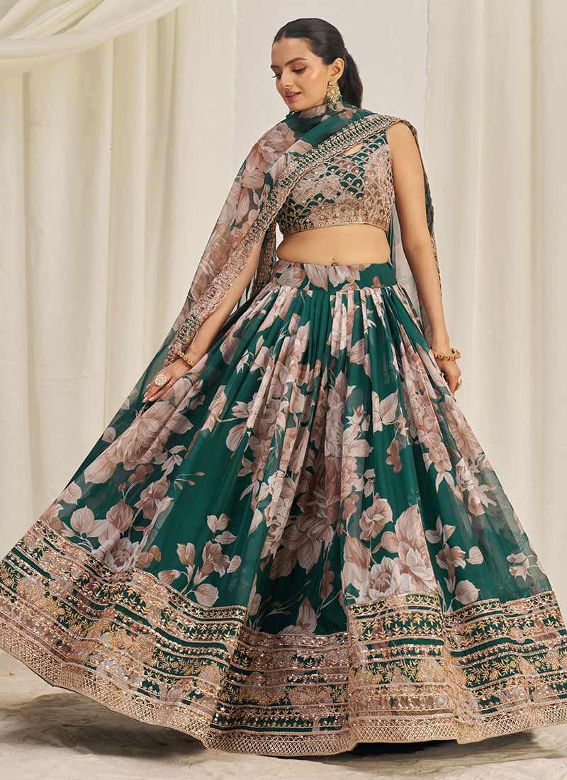 Green Organza Floral Digital Print Embroidered Sequins Ravishing Lehenga