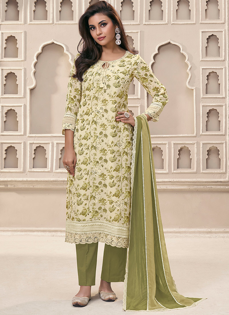Green Organza Floral Printed Embroidered Straight Pant Suit After Six Wear