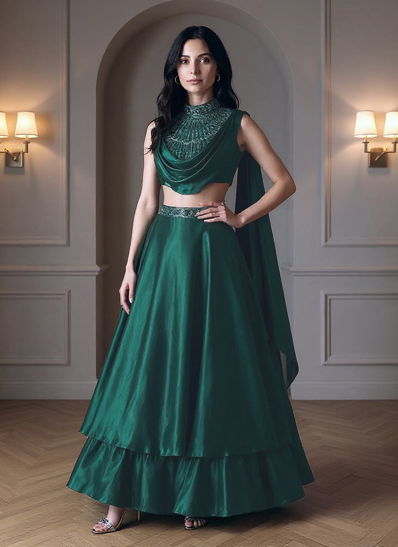 Green Organza Hand Embroidered Lehenga Wedding Wear-GHSCCRM202544