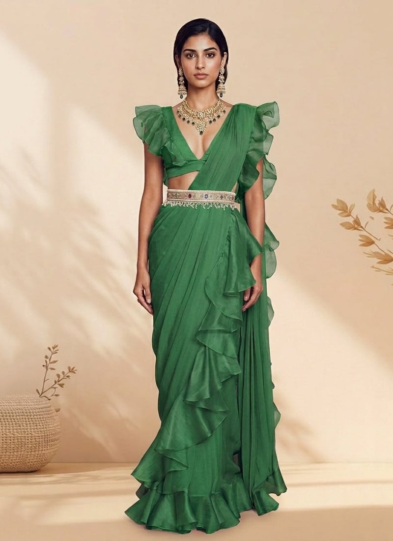 Green Organza Hand Embroidered Sequins And Beads Work Pre Draped Saree Wedding Wear