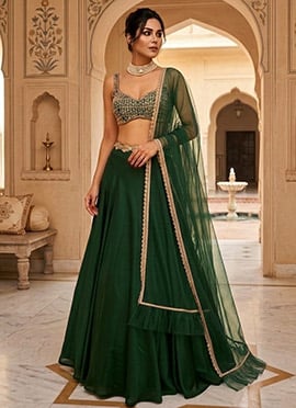 Green Organza Hand Embroidered Sequins Lehenga