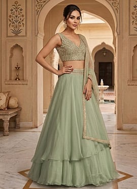 Green Organza Hand Embroidered Sequins Lehenga