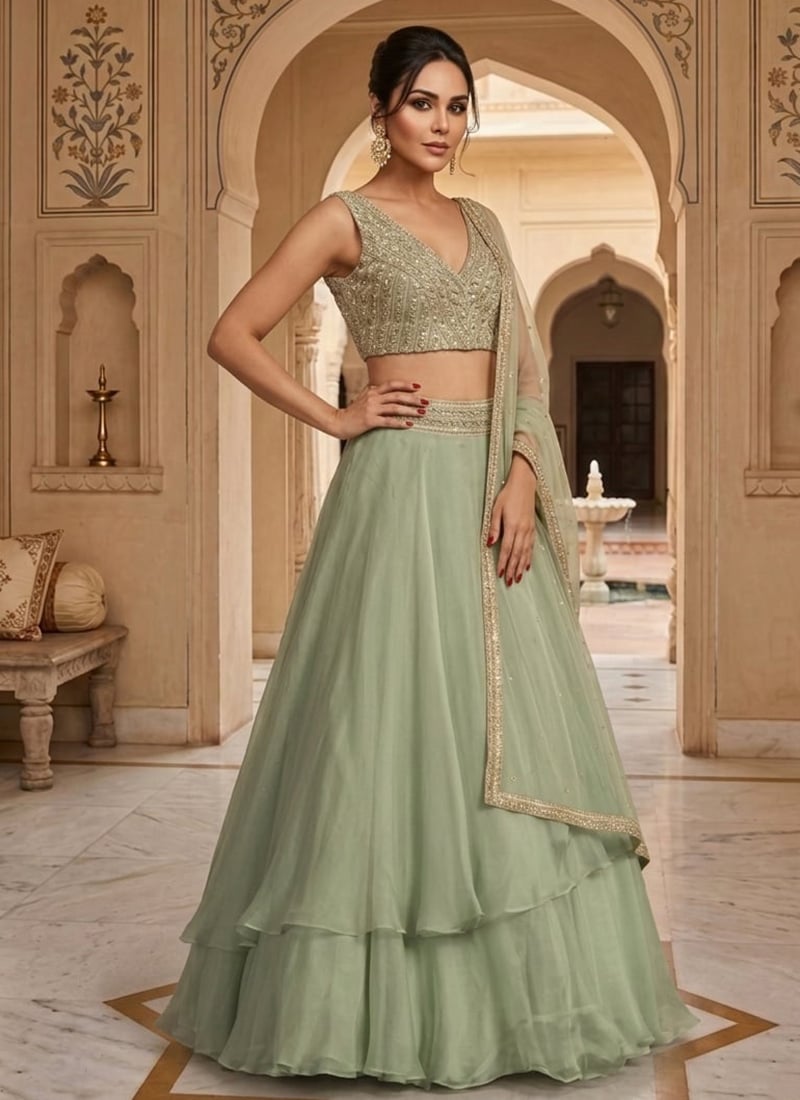 Green Organza Hand Embroidered Sequins Lehenga Wedding Wear