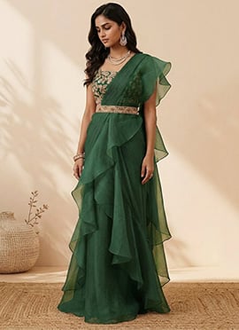 Green Organza Hand Embroidered Sequins With Stone Work Pre Draped Saree
