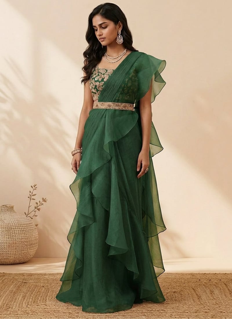 Green Organza Hand Embroidered Sequins With Stone Work Pre Draped Saree Wedding Wear