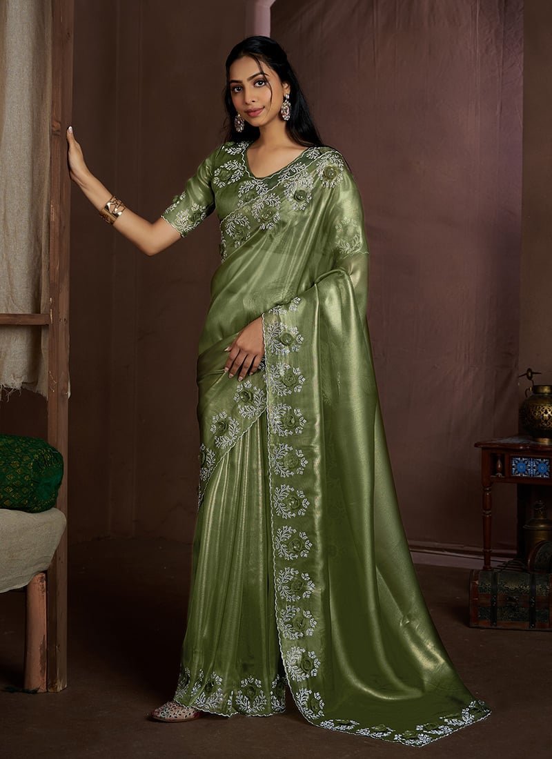 Green Organza Hand Embroidered Stone Work Saree