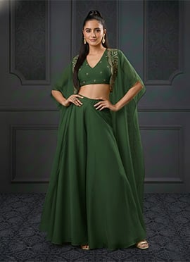 Green Organza Hand Embroidered Zari Sequins Indowestern Jacket Palazzo Set