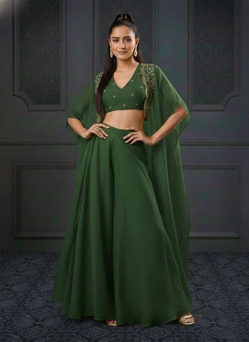 Green Organza Hand Embroidered Zari Sequins Indowestern Jacket Palazzo Set After Six Wear