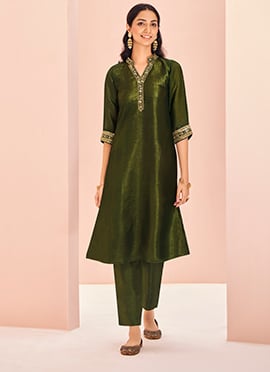 Green Organza Hand Work Kurta Straight Pant Set