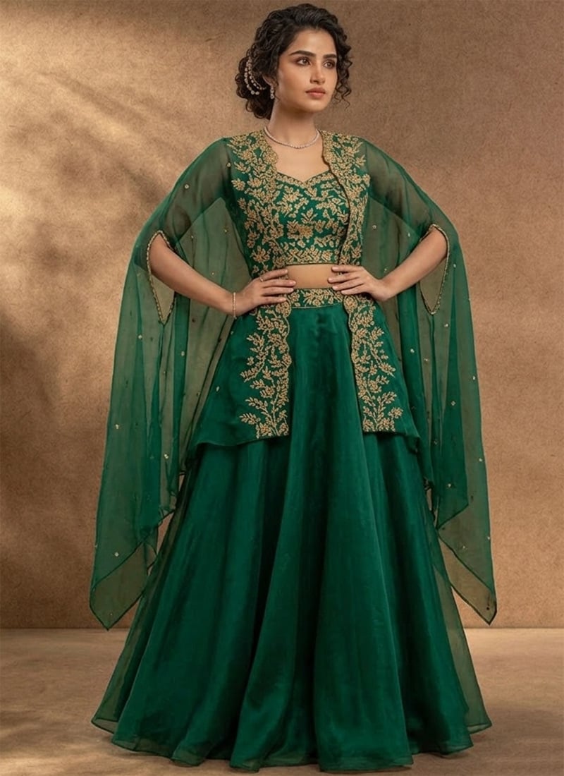 Green Organza IndoWestern Jacket Skirt Set With Zari And Mirror Work Festive Wear