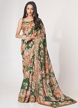 Green Organza Printed N Sequins Work Saree