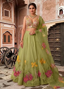 Green Organza Resham Sequins Embroidered Digital Print Lehenga