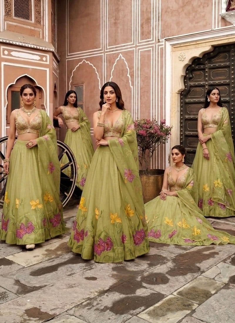 Green Organza Resham Sequins Embroidered Digital Print Lehenga Wedding Wear