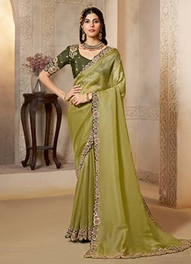 Green Organza Satin Hand Embroidered Sequins With Stone And Mirror Work Saree