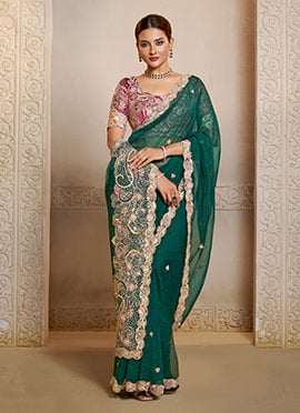 Green Organza Satin Hand Sequins Embroidered With Zari Stone Work Saree