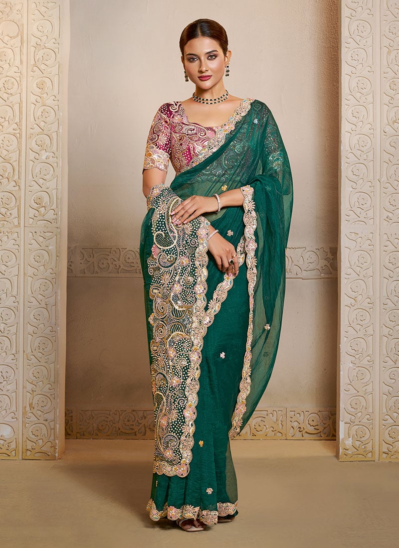 Green Organza Satin Hand Sequins Embroidered With Zari Stone Work Saree Festive Wear