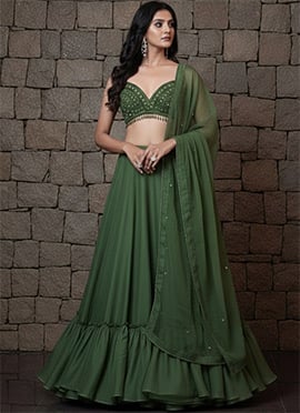 Green Organza Sequins Beads Hand Embroidered Umbrella Lehenga