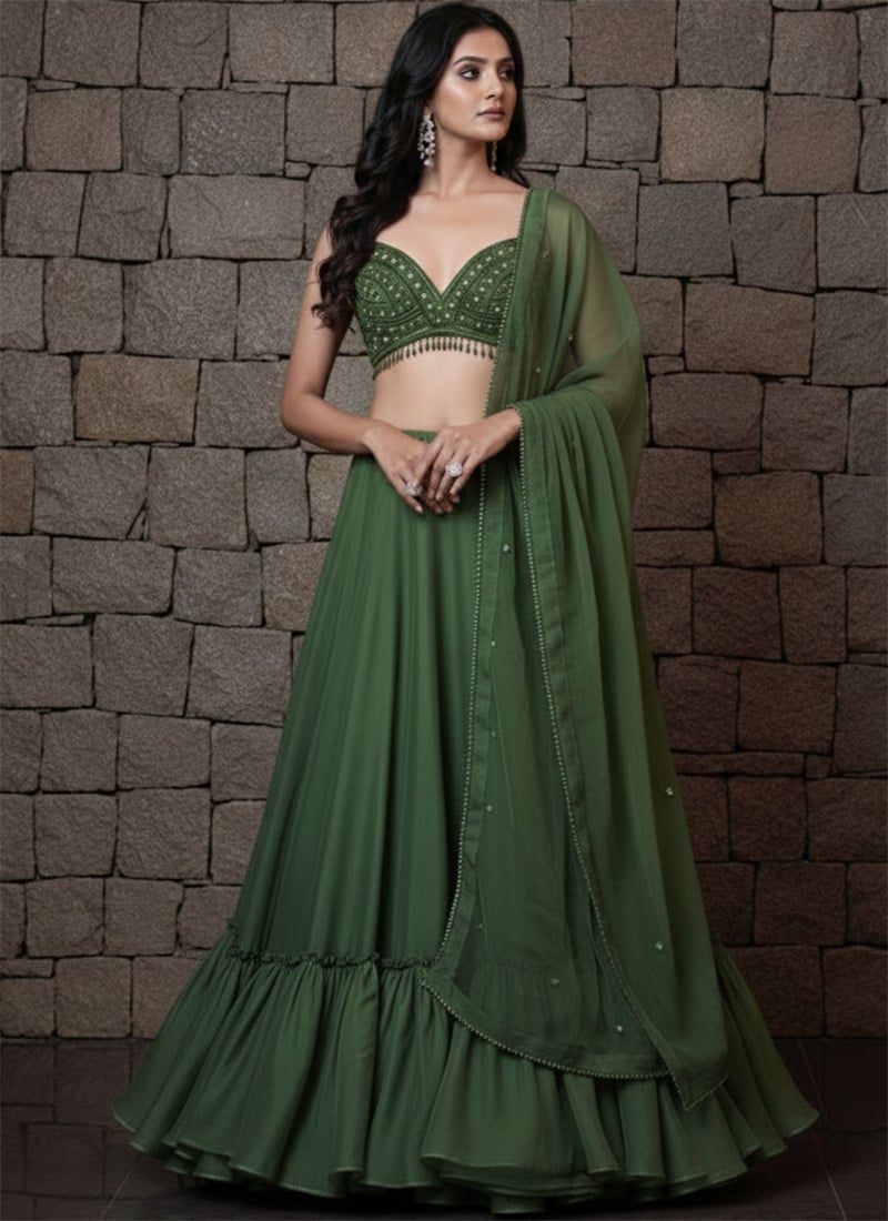 Green Organza Sequins Beads Hand Embroidered Umbrella Lehenga Wedding Wear