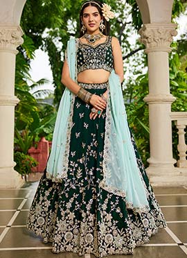 Green Organza Sequins Embroidered Lehenga Set Wedding Wear