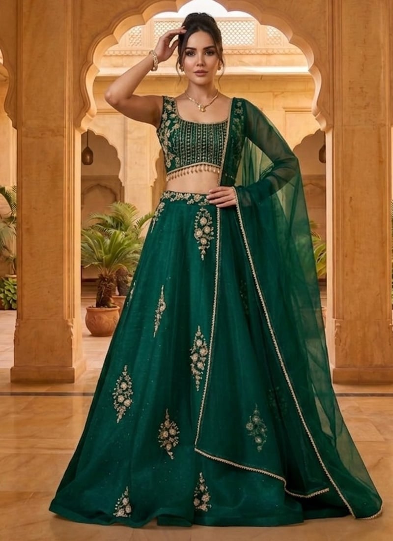Green Organza Sequins Hand Embroidered With Beads Work Lehenga Wedding Wear