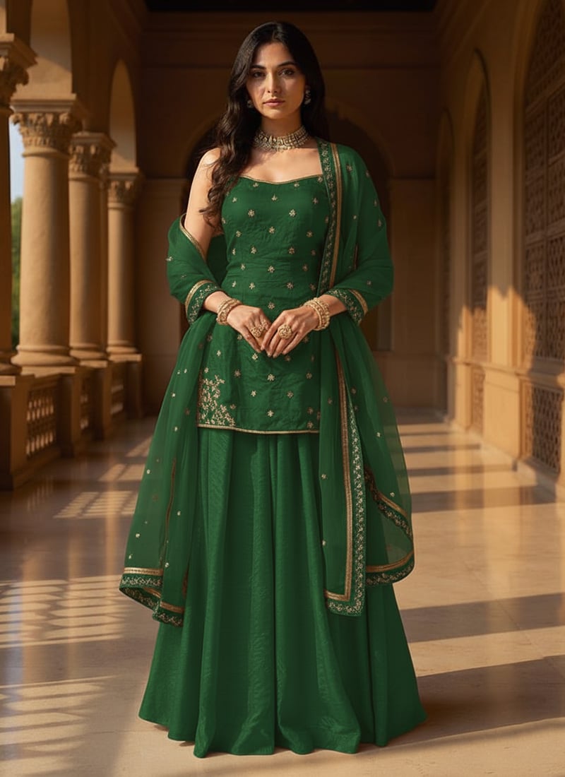 Green Organza Sequins Moti Hand Embroidered Palazzo Suit Festive Wear