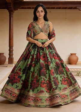 Green Organza Sequins Zari Digital Print Embroidered Umbrella Lehenga
