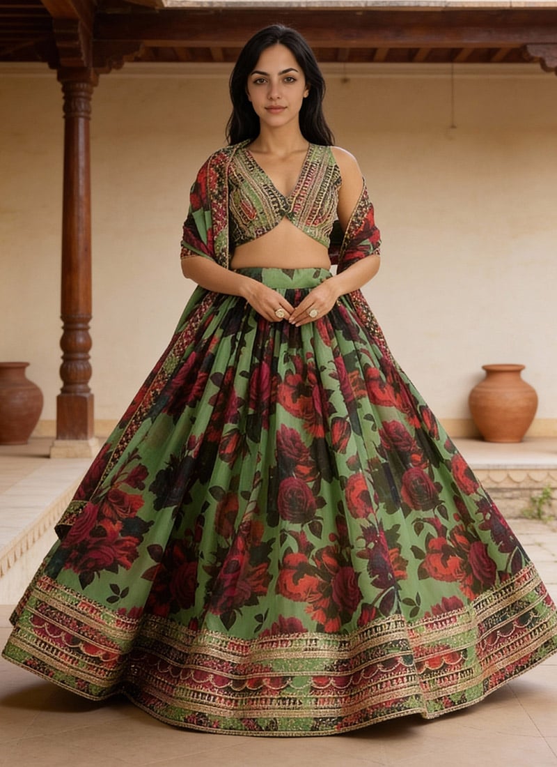 Green Organza Sequins Zari Digital Print Embroidered Umbrella Lehenga Wedding Wear