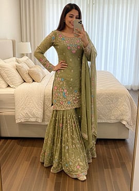 Green Organza Silk Sequin Embroidered With Moti Work Sharara Suit