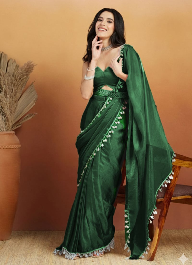 Green Organza Teardrop Lace Border Saree After Six Wear