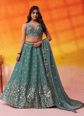 Green Organza Zari Embroidered Sequins With Beads Work Lehenga