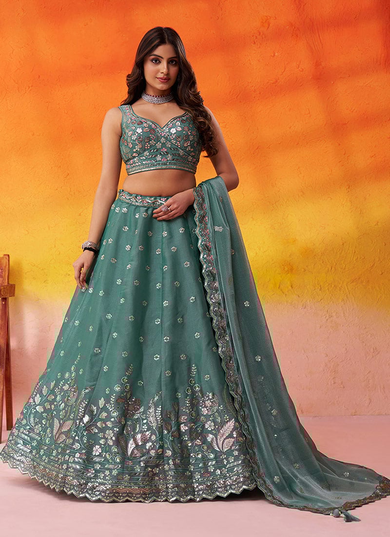 Green Organza Zari Embroidered Sequins With Beads Work Lehenga Wedding Wear