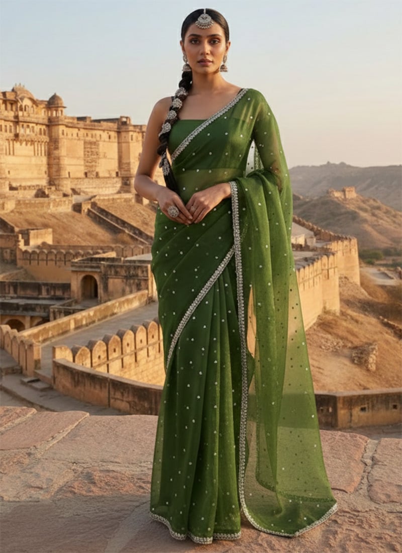 Green Organza Zari Hand Embroidered Sequins Saree Wedding Wear