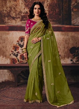 Green Organza Zari Sequins Beads Embroidered Saree